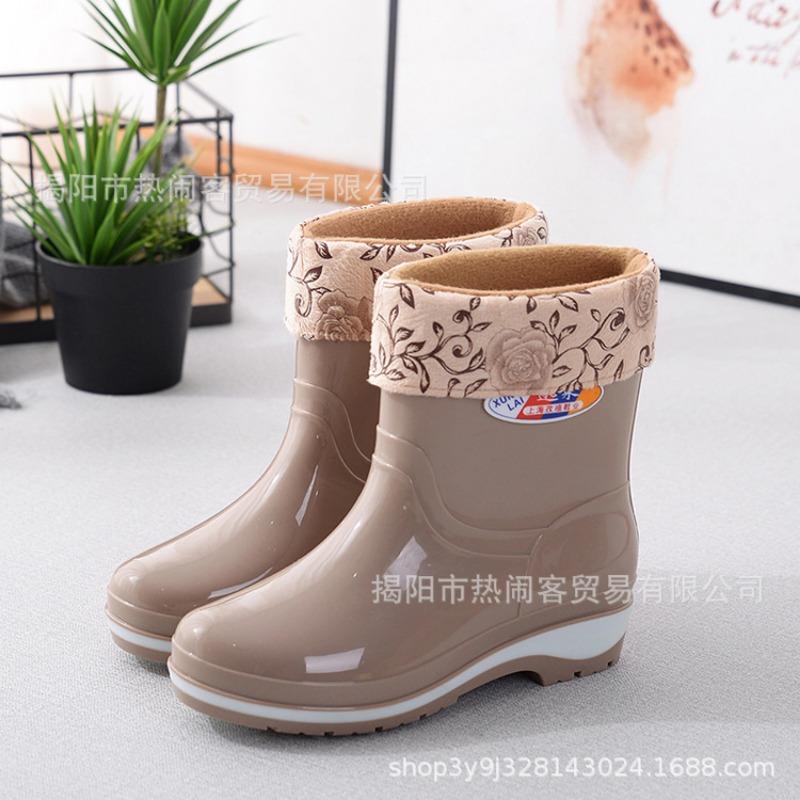 Fashion Medium Tube Rain Shoes Women's Canteen Water Shoes Non-slip Black Women's Rubber Shoes Adult Cotton Thermal Shoes