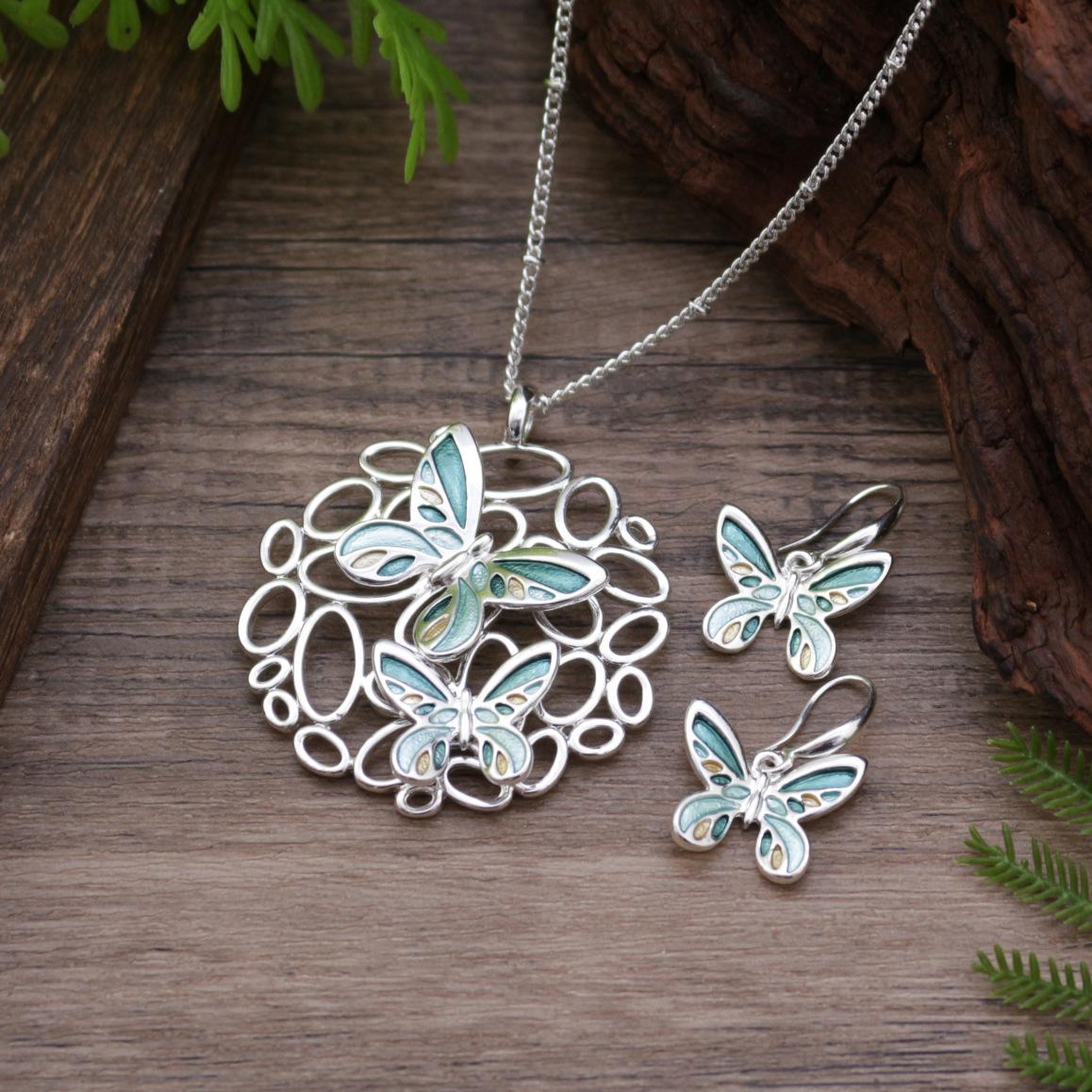 

New color painting oil hollow butterfly earrings pendant set, women s premium butterfly necklace earrings