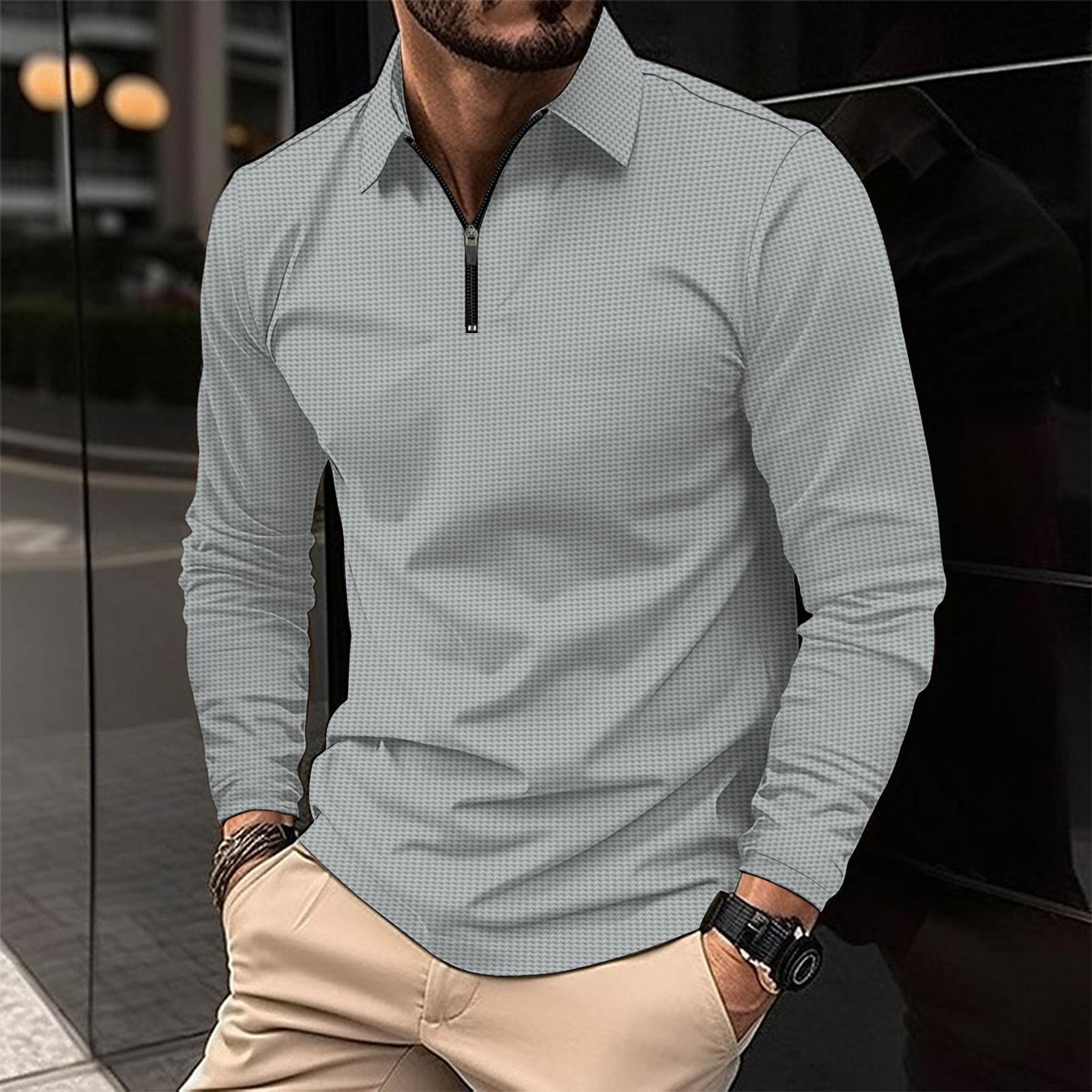 New Men s Lapel Fashion Solid Colour Waffle Long Sleeve Men s T-shirt POLO Tops S серый