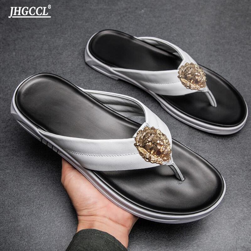 New Men's Flip-flops Men's Leather Flip-flops Women's Beach Shoes High-end JHGCCL Sandals