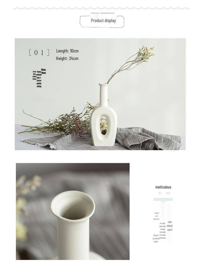 White Ceramic Vase with Dried Baby's Breath for Living Room or Dining Table Decoration