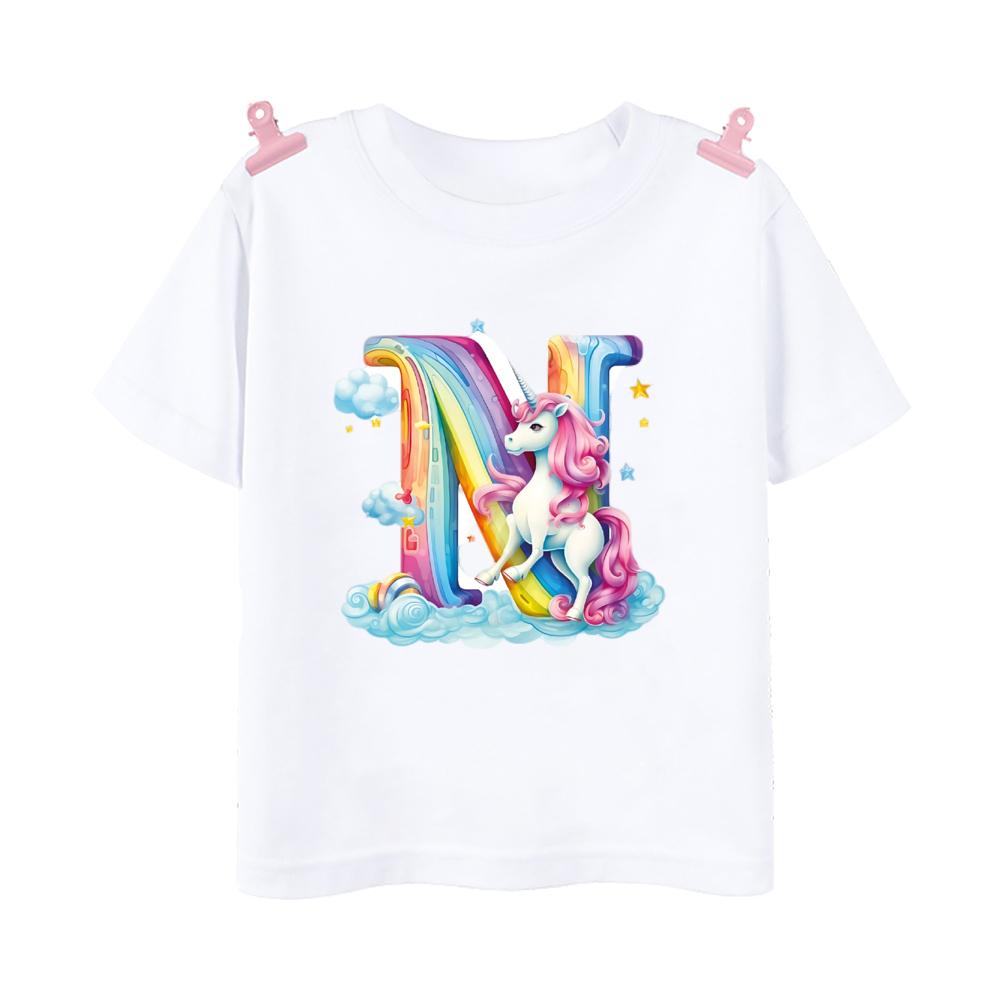 Unicorn Rainbow Initial A-Z Printed Kids Shirt Child Summer T-shirt Boys Girls Short Sleeve Tops Clothes Cute Toddles Outfit Tee