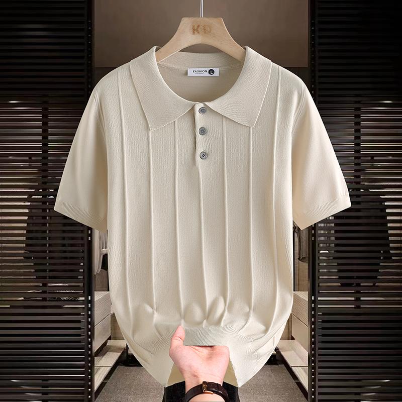 Men's Brown Vertical Rib Knit Short Sleeve Polo Shirt