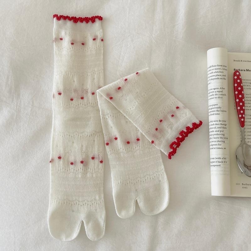 Summer Lightweight Children's Mesh Breathable Split-toe Socks with Two Toes, with Bowknot Lace Trim, Pile-up Socks
