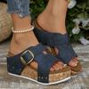 Fashion Women's Retro Buckle Wedge Sandals Women Comfort Peep Toe Slip On Platform Sandals Woman Thick Sole Rivet Decor Summer Slippers