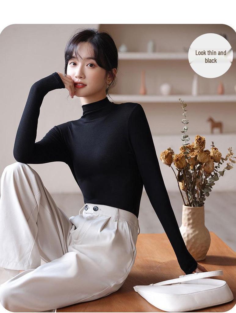 Women's Black Mid-Neck Modal Base Layer Top - 2024 Long Sleeve Slim Fit for All Seasons