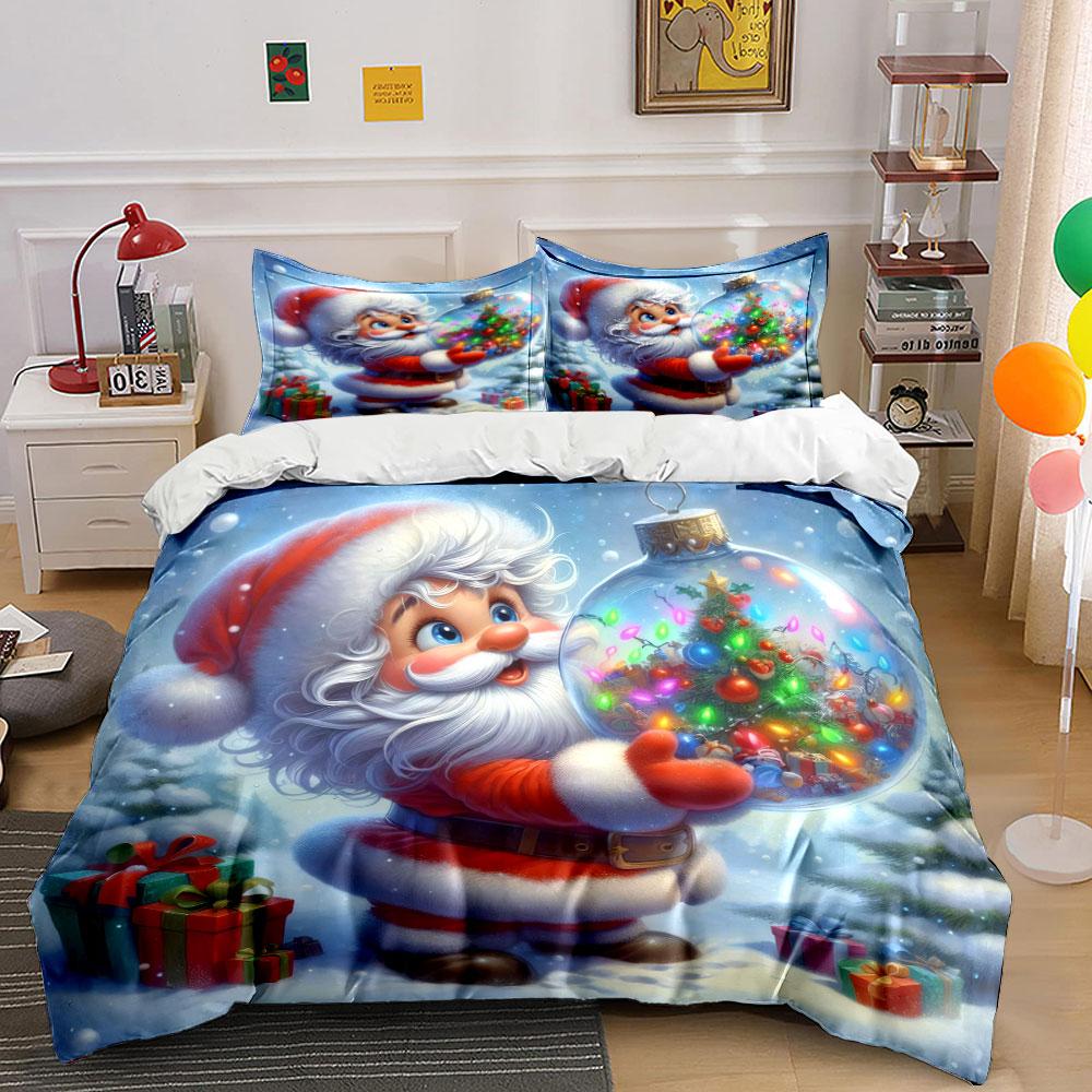 Santa Holding Christmas Ornament Bedding Duvet Cover Set (1*Duvet Cover 2*Pillowcases, without duvet insert)