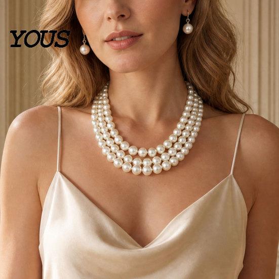 Comfortable Wear Earrings 2Pcs/Set Women Jewelry Gift, Three-Layer Imitation Pearl Choker Necklace Retro Style Set And Hook Earrings, Adjustable Chain