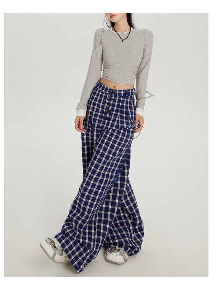 Women's High Waist Plaid Wide-Leg Casual Pants - Autumn Button-Down Style