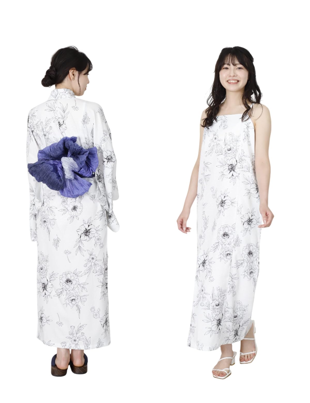 

[Kimono Hiroba Yu] Женский набор-платье Юката (4 шт) - Доступно 3 фасона - Платье, Куртка-хаори, Пояс-оби Хэйко - Можно стирать в машине (ty-05)