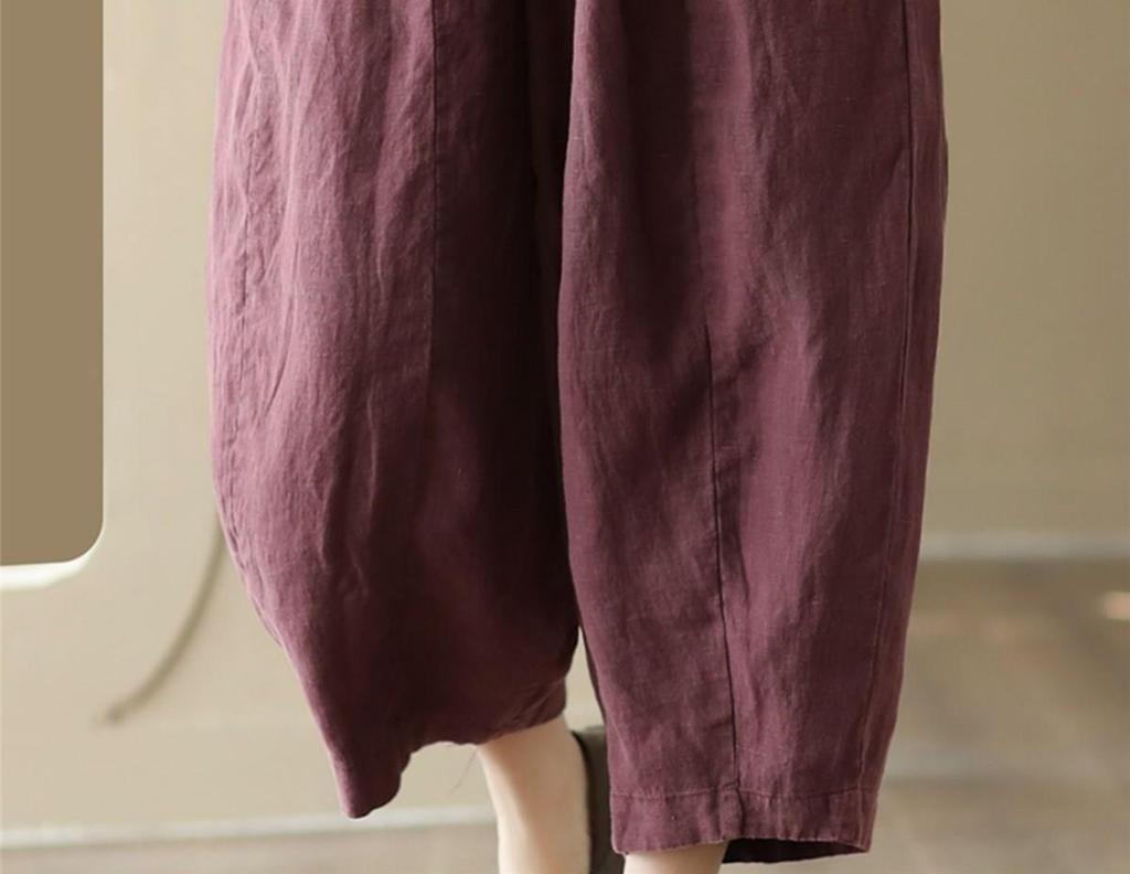 Damen Haremshose aus Baumwolle und Leinen mit elastischem Bund - Retro Patchwork, Lockerer Schnitt, Fließender Laternenstil für den Sommer
