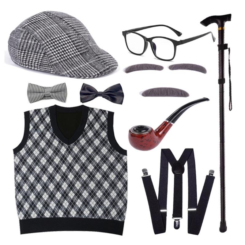 100 Days Of School Halloween Grandpa Costume Set Old Man Costume Set Hat Glasses Mustache and Eyebrows for Kids Boys