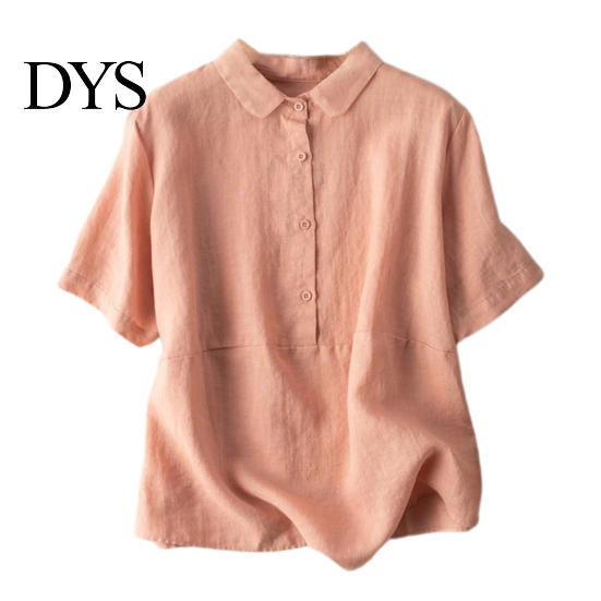 Women Shirt Casual Doll Collar Buttons Half Placket Short Blouse Sleeve Single Breasted Solid Color Loose Fit