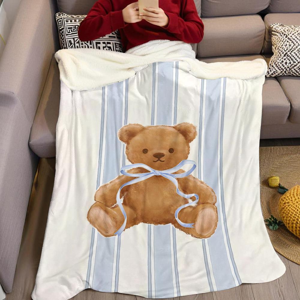 Blue Stripe Teddy Flannel Blanket Warm Soft Halloween Christmas Couch Warm Cozy Decorative Decor Gift for All Season