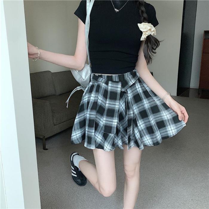 Chemise Plaid Bloc de Couleurs Sexy Doux Épicé & Jupe Mini Irrégulière Polyvalente avec Cravate