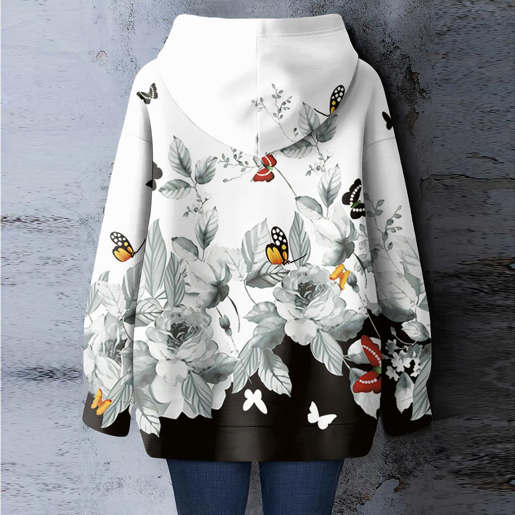 Women's Floral Print Loose Casual Long Sleeved Hooded Sweatshirt