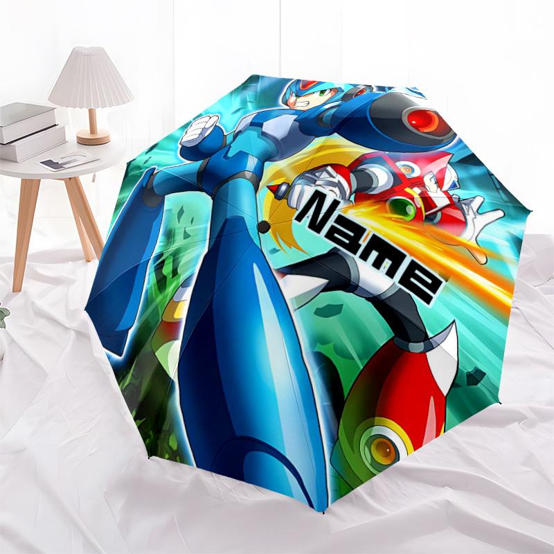 1PC Mega Man - Custom Name Automatic Folding Umbrella - Compact 8-Rib Design, Durable Plastic & Iron, Daily Use S0106018