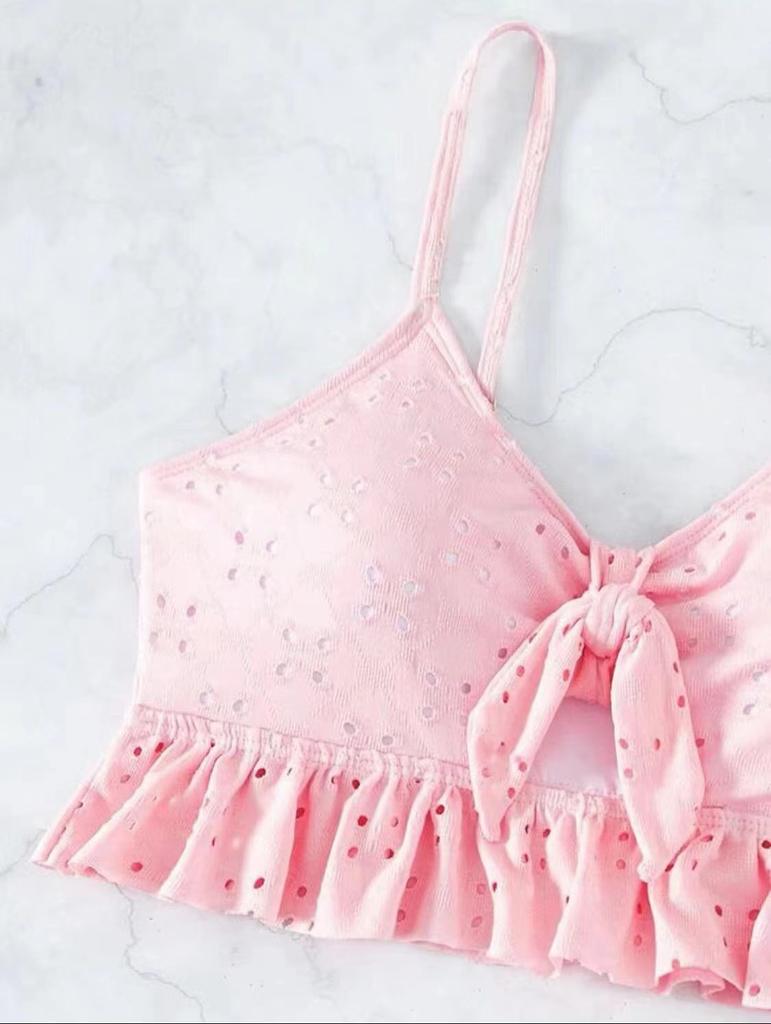 European and American Women's Fashion Solid Bikini Set 3 Pieces Swimwear Set Padded Ruffled Knot Top Briefs Ruffled Skirt Swimsuit Modest Bathing Suit