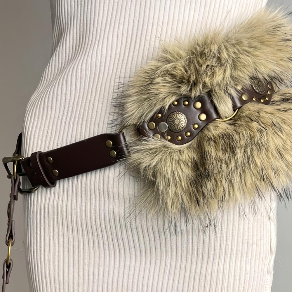 Fashion Women's Faux Fur Belt Rivet Leather Belts for Pants and Coats Brown and Black Girls' Belt