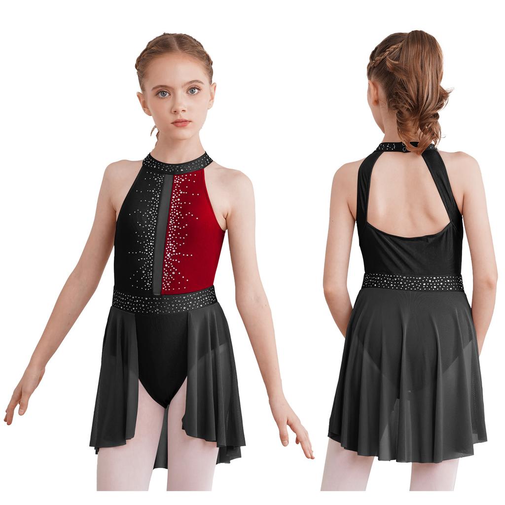 Kids Girls Sleeveless Shiny Rhinestone Decor Backless Leotard Dress for Lyrical Contemporary Dance