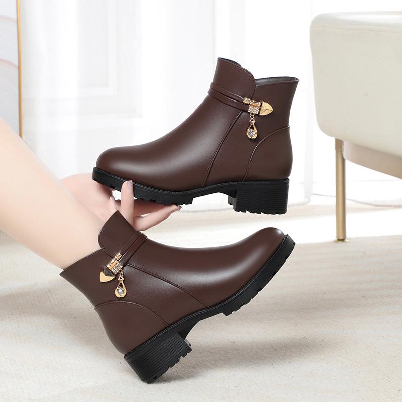 Herbst Neue Mode Damen Weiches Leder Stiefelette Hohe Absätze Reißverschluss Schuh Plüsch Samt Warmes Fell Winter Kurze Lederstiefel