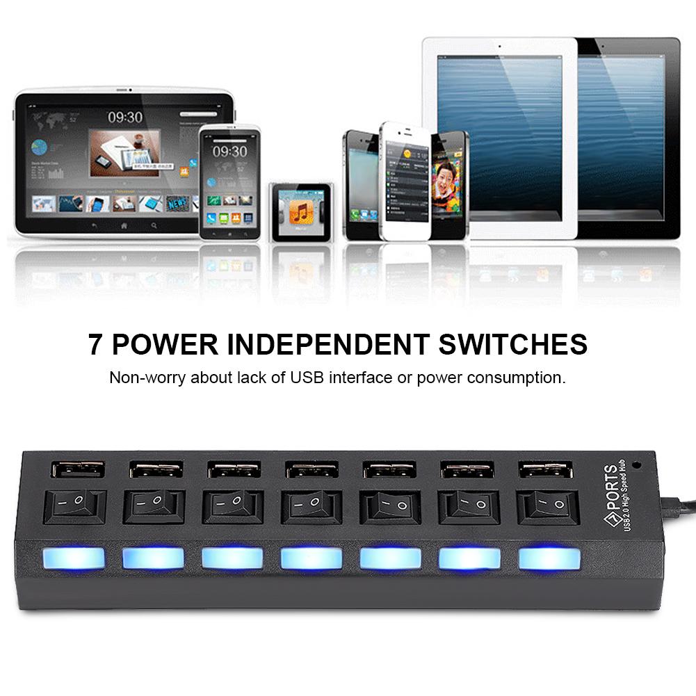 7 Port Hub USB Docking Station Black 480mbps with Switch for Overload Current Protection7 Ports Black