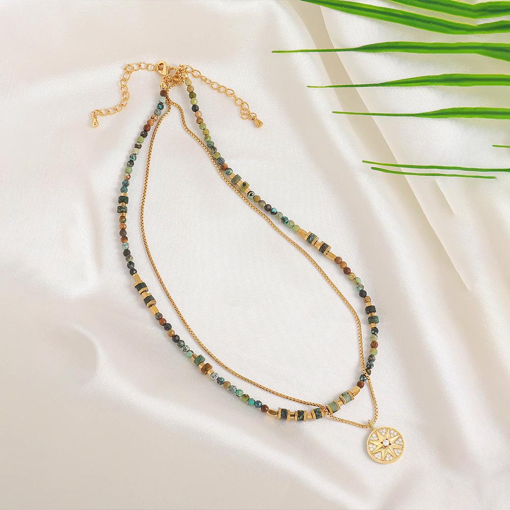 GEMCHIC Women's Vintage Layered Beaded Necklace with Geometric Pendant, Handmade Natural Stone Choker Set for Daily Wear