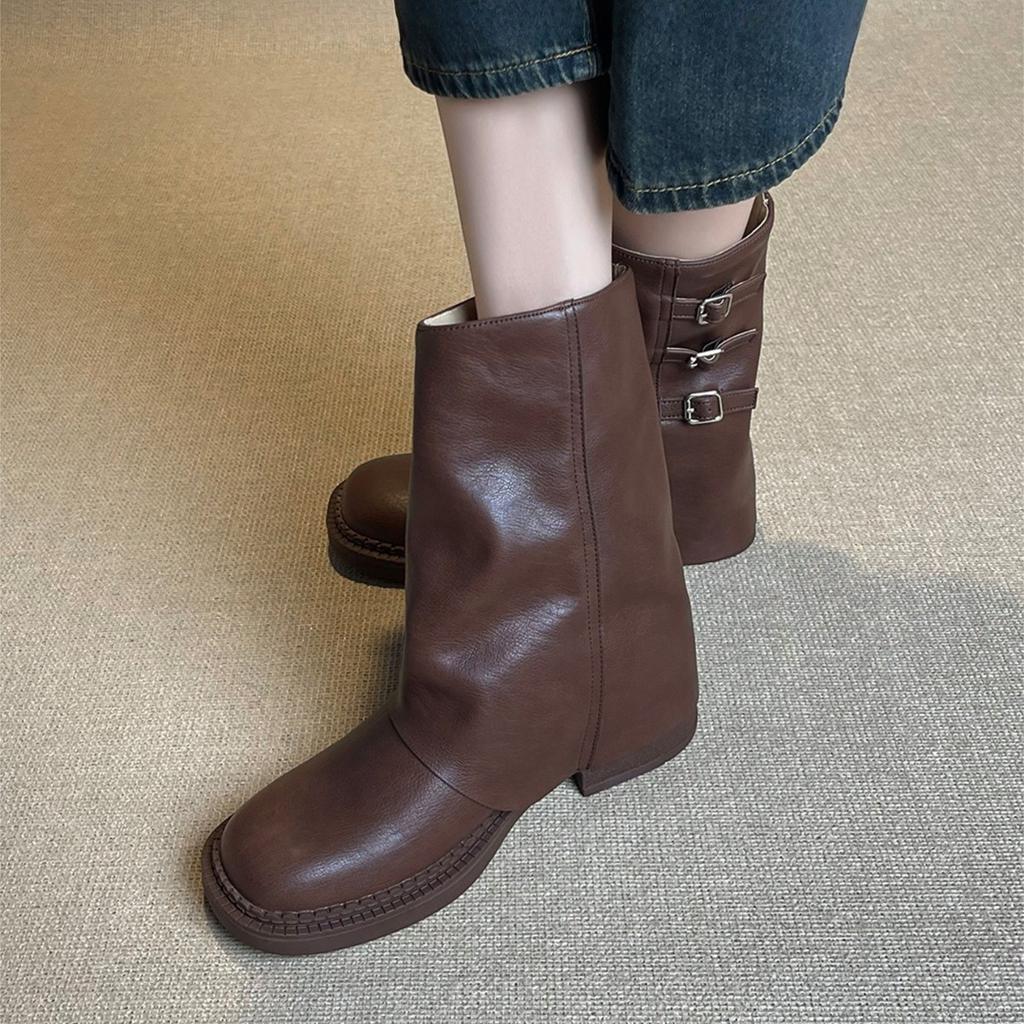 French Retro Brown Short Boots Women's 2025 New Platform Maillard Western Cowboy Boots Tube Boots Martin Boots