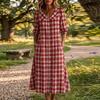 Women's Short Sleeve Plaid Dress - Lapel Collar Single Breasted Casual Button Down Dress