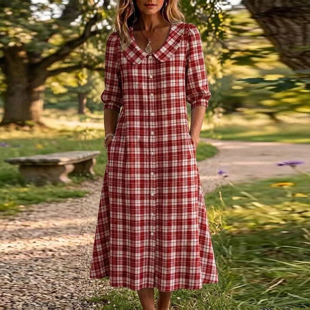 Women's Short Sleeve Plaid Dress - Lapel Collar Single Breasted Casual Button Down Dress