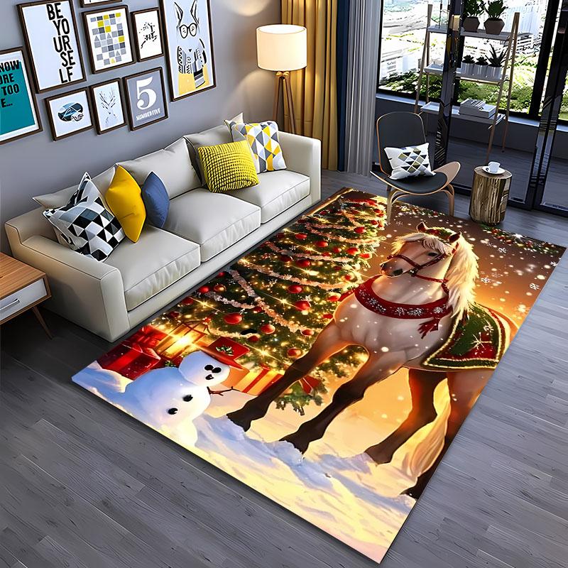 3D tištěný vánoční koberec s koněm pro domov, obývací pokoj, dětskou ložnici, pohovku, rohožka, kuchyňský podlahový koberec, protiskluzová dekorační podložka, teplý dárek