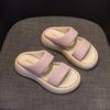The Same Style, Round Head Thick Bottom Wide Edge Double Word with Thick Bottom Soft Elastic Stepping On Shit Feeling Leather Cool Slippers Female