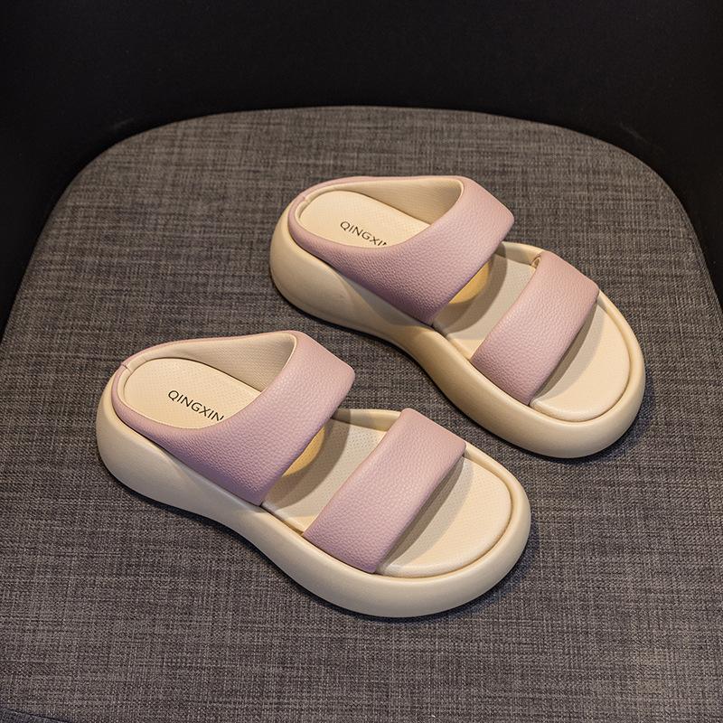 The Same Style, Round Head Thick Bottom Wide Edge Double Word with Thick Bottom Soft Elastic Stepping On Shit Feeling Leather Cool Slippers Female