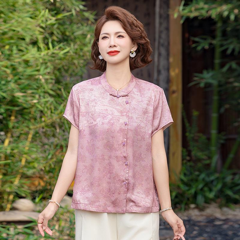 2026 New Style Chinese Stand Collar Top: Fashionable Printed Frog Button Shirt for Middle-Aged & Elderly Women