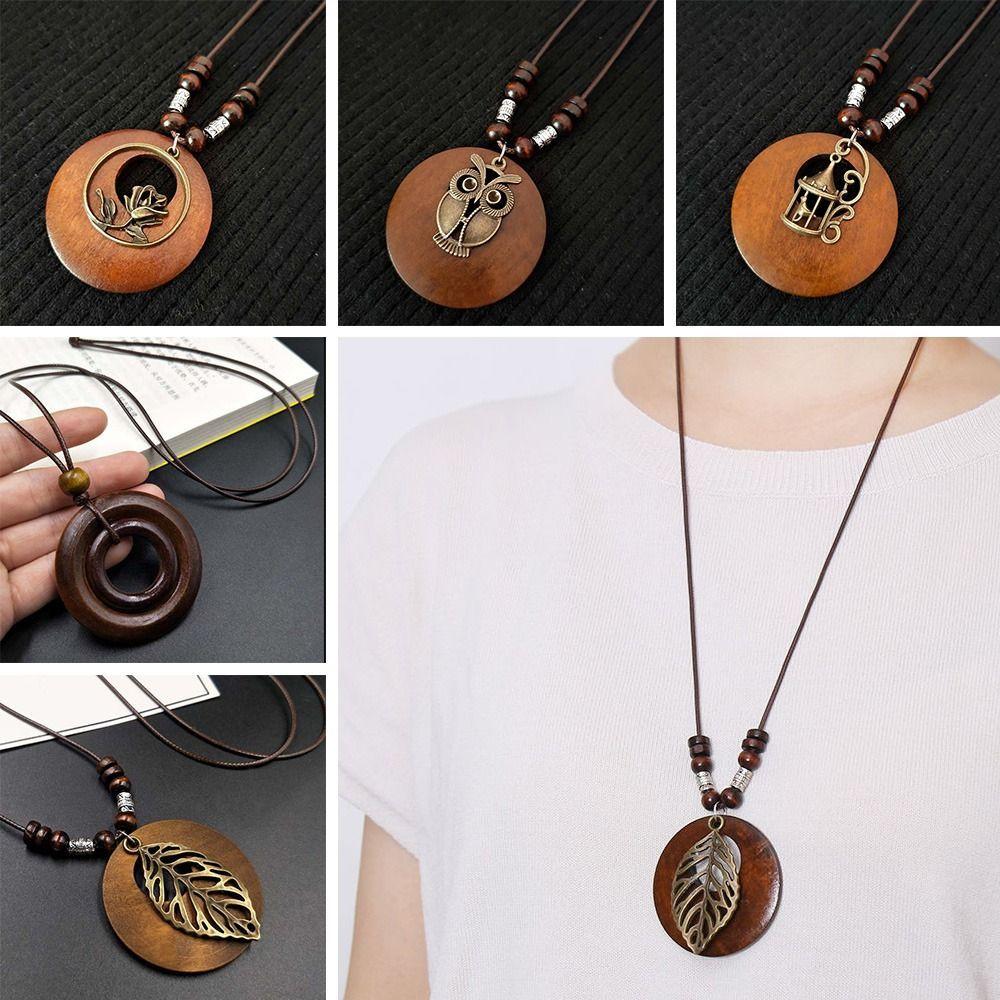 Retro Legno Foglia Gufo Lunga Catena Maglione Etnica Collana Rotonda Donne Ciondolo Orologio Gioielli Femminili Accessori per il Collo Regali Collare
