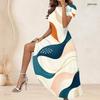 Women Plus Size Round Neck Short Sleeve Abstract Printed Gathered Waist A Line Long Dress