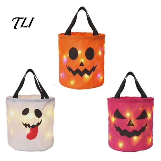 Trick or Treat Bags LED Light Up Halloween Bucket, Glow in The Dark Candy Colorful Event Supplies Bag with Handle, Reusable Lighted Goodie Gift