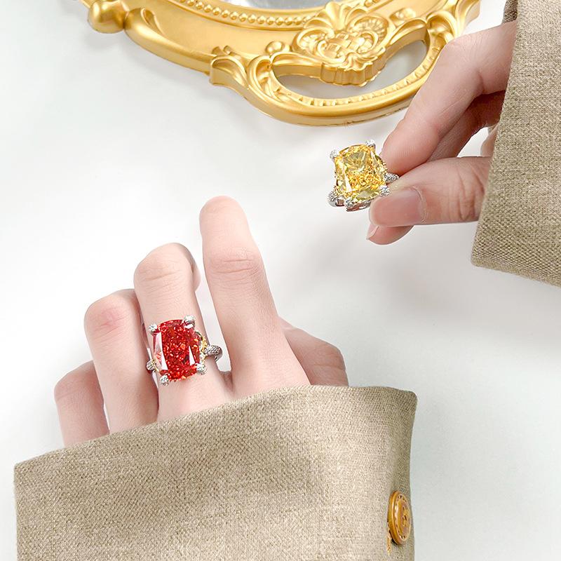 Schmuck Kupferboden Vergoldet Hochkohlenstoff Diamant Eisblume Quadratischer Diamant Temperament Leichter Luxus Retro Ring Weiblich 12 * 16