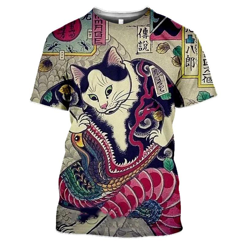 Japanese Samurai Cat 3d Printed Summer Men'S T-Shirt Casual Shirt Classic Vintage Oversized O-Neck Fun Hip Hop Loose Clothing