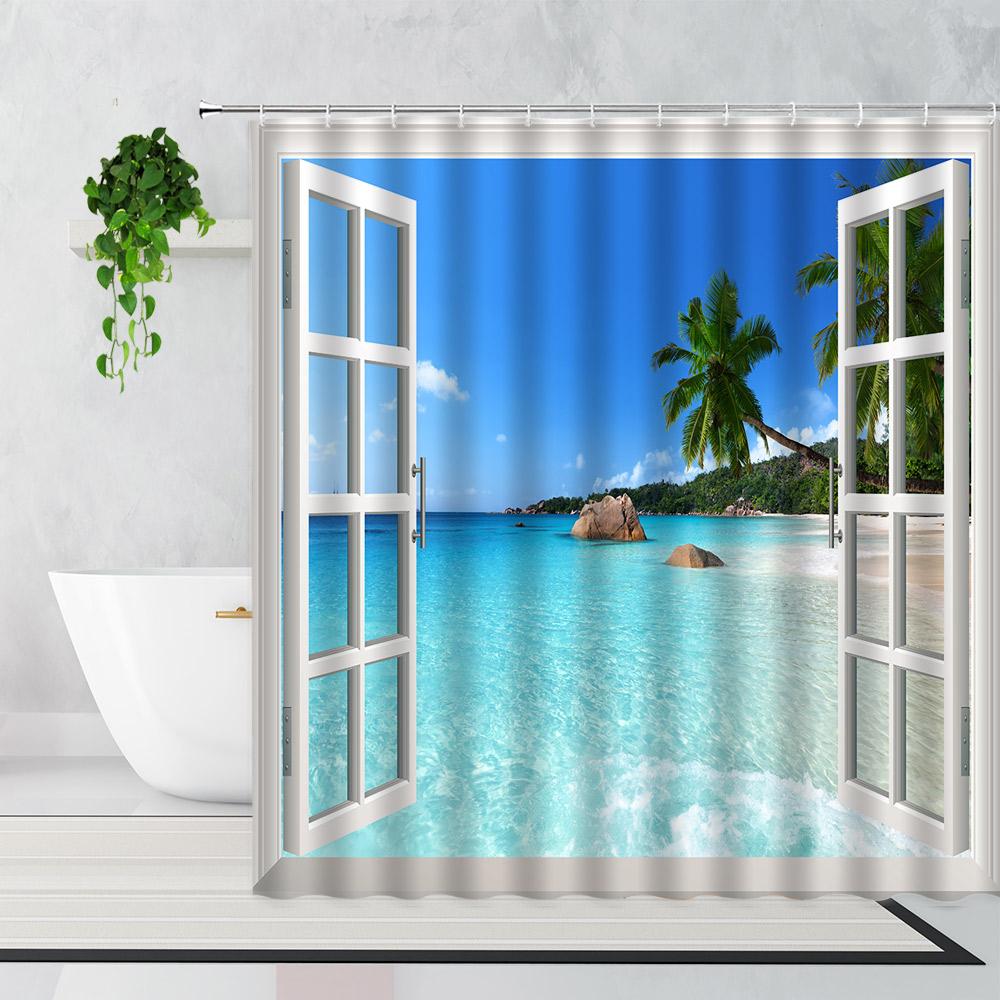 Palm Trees Beach Shower Curtains Sea Waves Island Vacation Hawaii Nature Scenery Summer Fabric Bathroom Decor Bath Curtain Hooks