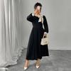 Plus-size Colorblock Dress with A 3D Bow for Women. Retro, Slimming, and Belly-concealing Long Dress for Fall and Winter.
