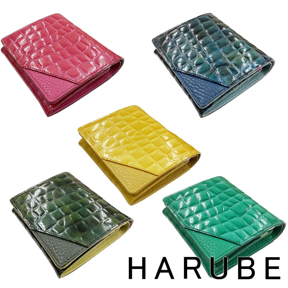 HARUBE Kyoto Naniwaya Kompaktes schmales Faltportemonnaie, Rindsleder mit Krokodilprägung und Emaille, Funktional, Damen, Krokodil #86-531
