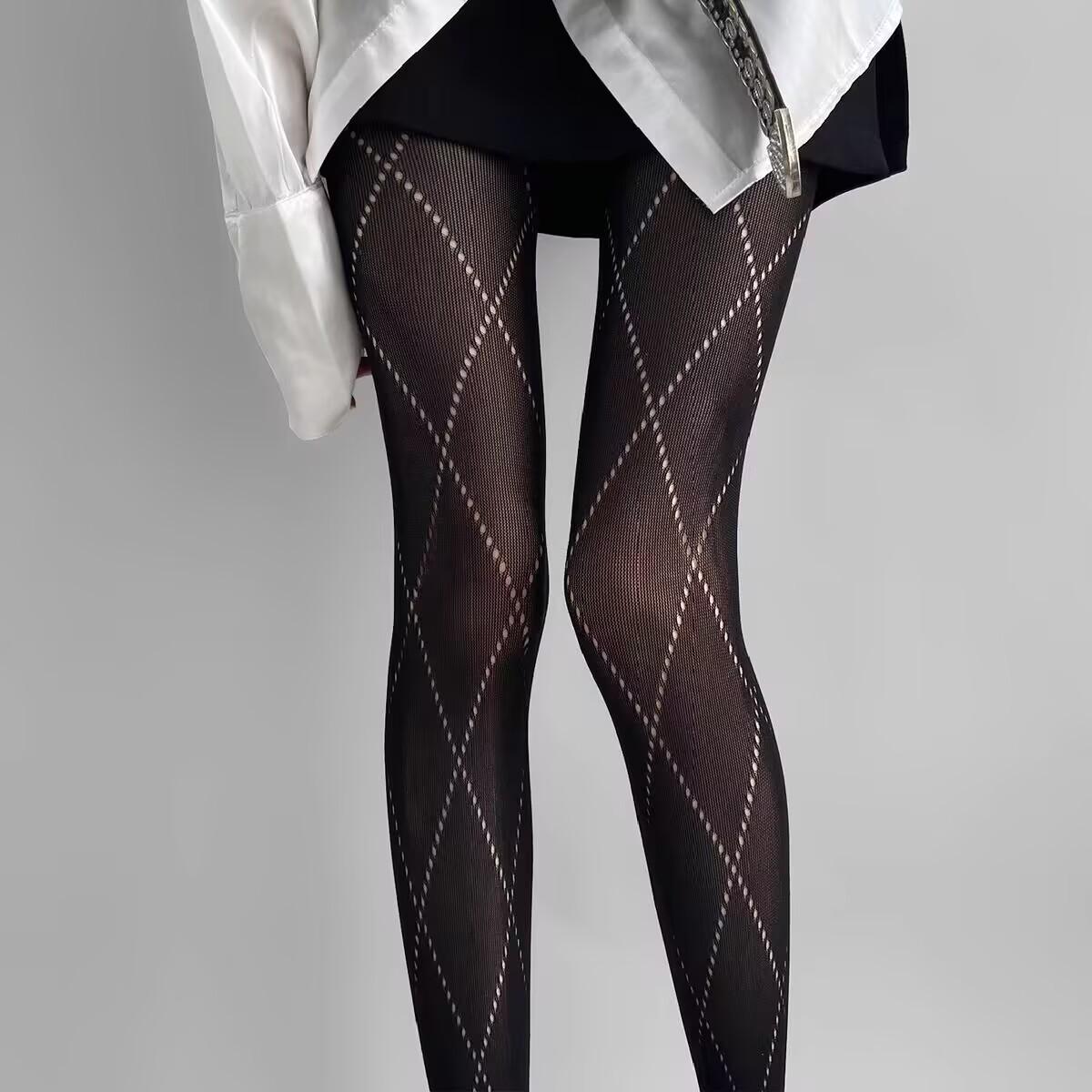 Yiran Sexy Lingerie Women's Black Diamond Lattice Fishnet Tights High Stretch Rhombus Pattern Mesh Pantyhose Fashion Elastic Hosiery For Club Wear # Cm