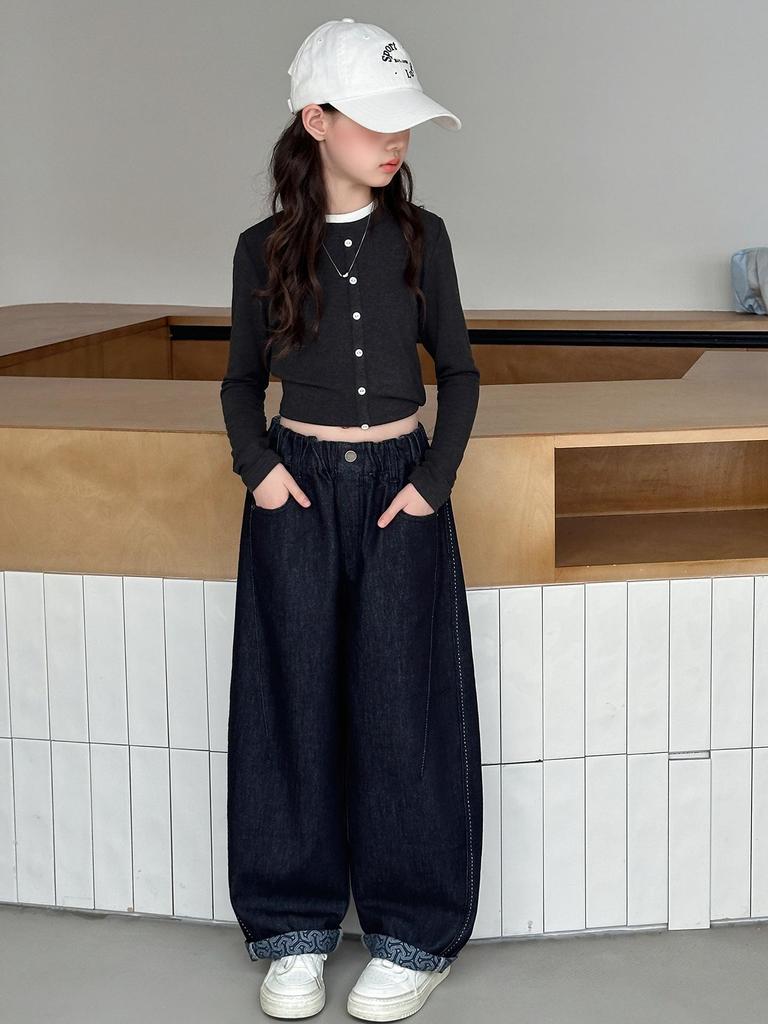 2025 Autumn Girls' Korean-Style Loose Wide-Leg Jeans for Middle & Big Kids
