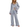 Women's Color Long Sleeve Lapel Collar Top and Ruffle Trim Pants Pajama Set 2 Piece Loungewear Sleepwear