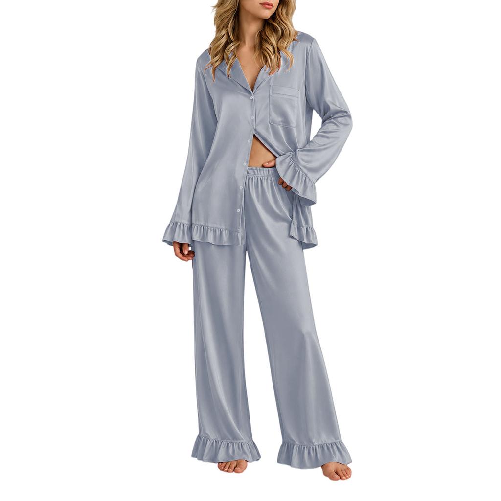 Women's Color Long Sleeve Lapel Collar Top and Ruffle Trim Pants Pajama Set 2 Piece Loungewear Sleepwear