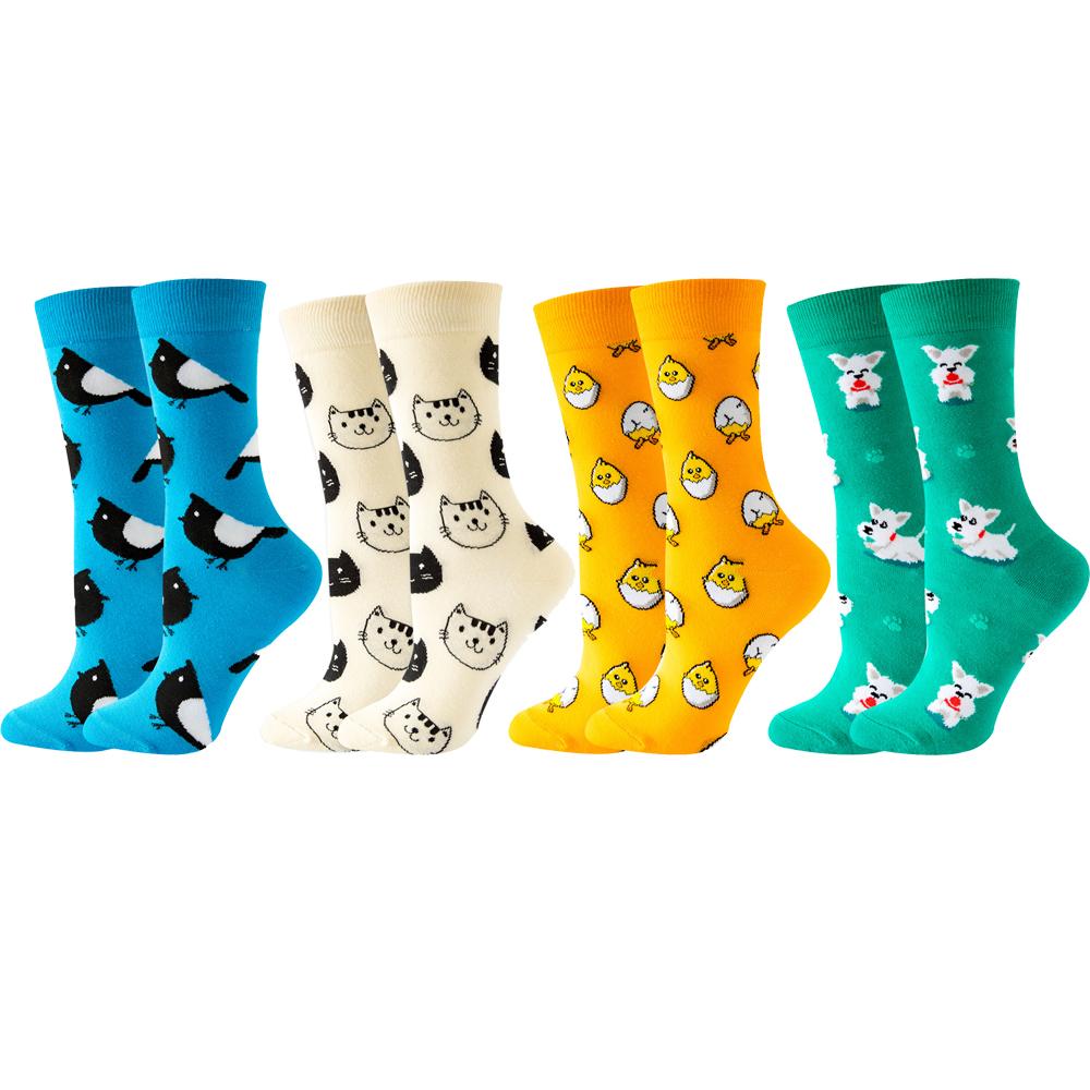 4 Pairs New Fashion Colorful Funny Happy Casual Women Socks Dress Harajuku Cute Cartoon Cat Dog Lemon Donut Girl Cotton Socks