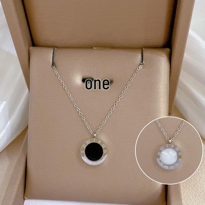 Women's Black & White Roman Numeral Titanium Necklace Set – Double-Sided, High-End, Non-Fading Fashion Clavicle Chain.