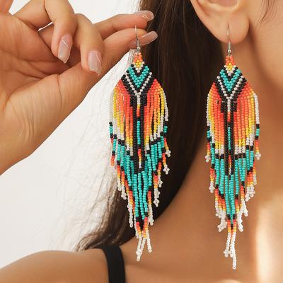 Brincos europeus, americanos de estilo boêmio com franjas de miçangas de arroz coloridas para mulheres, brincos retrô tecidos à mão