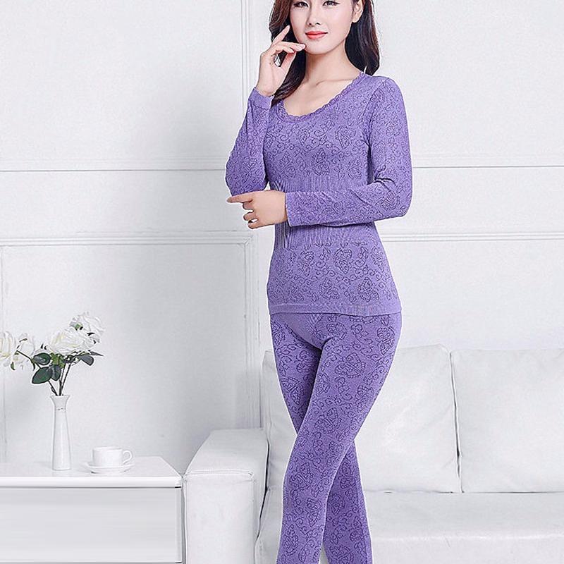 Sexy Women Underwear Thermal Sets High Neck Long Sleeve Top and Elastic Waist Bottom Comfortable Suit